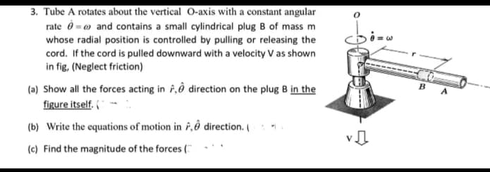 0
3. Tube A rotates about the vertical O-axis with a constant angular
rate and contains a small cylindrical plug B of mass m
whose radial position is controlled by pulling or releasing the
cord. If the cord is pulled downward with a velocity V as shown
in fig, (Neglect friction)
(a) Show all the forces acting in A, direction on the plug B in the
figure itself.
(b) Write the equations of motion in , direction. (
(c) Find the magnitude of the forces (