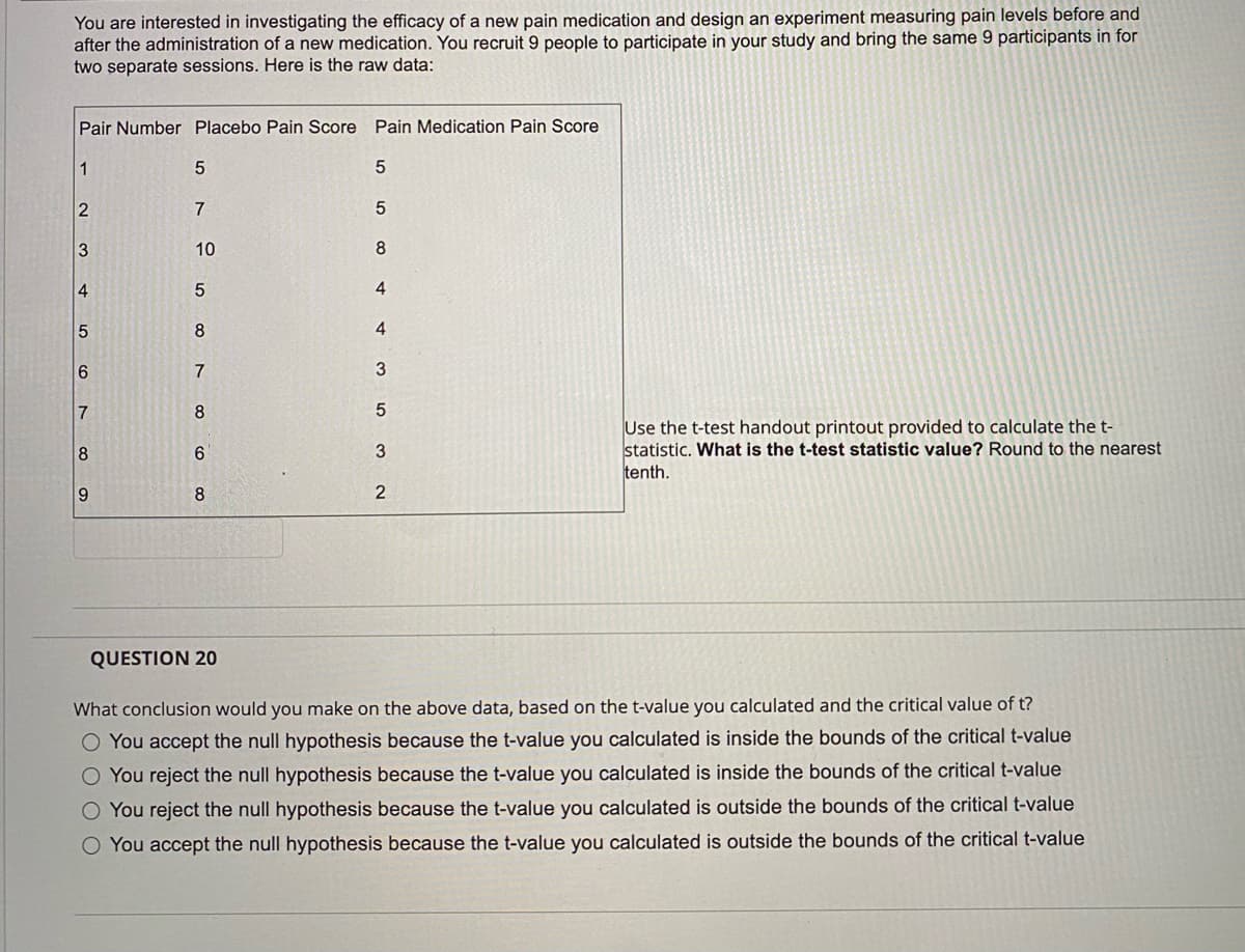 You are interested in investigating the efficacy of a new pain medication and design an experiment measuring pain levels before and
after the administration of a new medication. You recruit 9 people to participate in your study and bring the same 9 participants in for
two separate sessions. Here is the raw data:
Pair Number Placebo Pain Score Pain Medication Pain Score
1
2
4
5
6
7
8
9
5
7
10
5
8
7
8
6
8
QUESTION 20
5
5
8
4
4
3
5
3
2
Use the t-test handout printout provided to calculate the t-
statistic. What is the t-test statistic value? Round to the nearest
tenth.
What conclusion would you make on the above data, based on the t-value you calculated and the critical value of t?
O You accept the null hypothesis because the t-value you calculated is inside the bounds of the critical t-value
O You reject the null hypothesis because the t-value you calculated is inside the bounds of the critical t-value
O You reject the null hypothesis because the t-value you calculated is outside the bounds of the critical t-value
O You accept the null hypothesis because the t-value you calculated is outside the bounds of the critical t-value