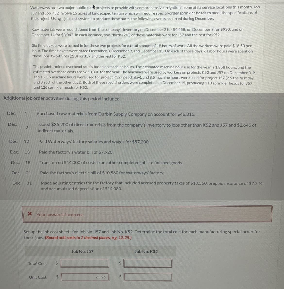 Dec.
Dec.
Additional job order activities during this period included:
2
Dec. 12
Dec.
Waterways has two major public-parkprojects to provide with comprehensive irrigation in one of its service locations this month. Job
J57 and Job K52 involve 15 acres of landscaped terrain which will require special-order sprinkler heads to meet the specifications of
the project. Using a job cost system to produce these parts, the following events occurred during December.
Dec. 13
1 Purchased raw materials from Durbin Supply Company on account for $46,816.
Issued $35,200 of direct materials from the company's inventory to jobs other than K52 and J57 and $2,640 of
indirect materials.
Raw materials were requisitioned from the company's inventory on December 2 for $4,458; on December 8 for $930; and on
December 14 for $3,042. In each instance, two-thirds (2/3) of these materials were for J57 and the rest for K52.
18
Dec. 21
Six time tickets were turned in for these two projects for a total amount of 18 hours of work. All the workers were paid $16.50 per
hour. The time tickets were dated December 3, December 9, and December 15. On each of those days, 6 labor hours were spent on
these jobs, two-thirds (2/3) for J57 and the rest for K52.
The predetermined overhead rate is based on machine hours. The estimated machine hour use for the year is 1,858 hours, and the
estimated overhead costs are $650,300 for the year. The machines were used by workers on projects K52 and J57 on December 3, 9,
and 15. Six machine hours were used for project K52 (2 each day), and 8.5 machine hours were used for project J57 (2.5 the first day
and 3 each of the other days). Both of these special orders were completed on December 15, producing 210 sprinkler heads for J57
and 126 sprinkler heads for K52.
Dec. 31
Paid Waterways' factory salaries and wages for $57,200.
Paid the factory's water bill of $7,920.
Transferred $44,000 of costs from other completed jobs to finished goods.
Paid the factory's electric bill of $10,560 for Waterways' factory.
Made adjusting entries for the factory that included accrued property taxes of $10,560, prepaid insurance of $7,744,
and accumulated depreciation of $14,080.
* Your answer is incorrect.
Set up the job cost sheets for Job No. J57 and Job No. K52. Determine the total cost for each manufacturing special order for
these jobs. (Round unit costs to 2 decimal places, e.g. 12.25.)
Total Cost
Unit Cost
$
$
Job No. J57
65.26
$
$
Job No. K52