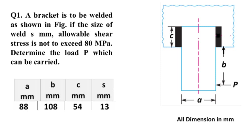 Q1. A bracket is to be welded
as shown in Fig. if the size of
weld s mm, allowable shear
stress is not to exceed 80 MPa.
Determine the load P which
can be carried.
b
a b
S
mm
mm
mm
mm
88
108
54
13
All Dimension in mm
