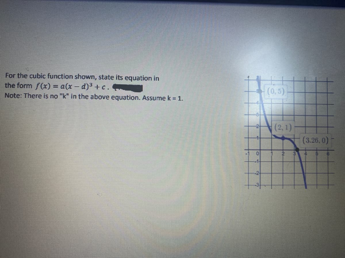 For the cubic function shown, state its equation in
the form f(x) = a(x = d)³ + c.
Note: There is no "k" in the above equation. Assume k = 1.
(0,5)
(2,1)
(3.26. 0)
0.
-2
