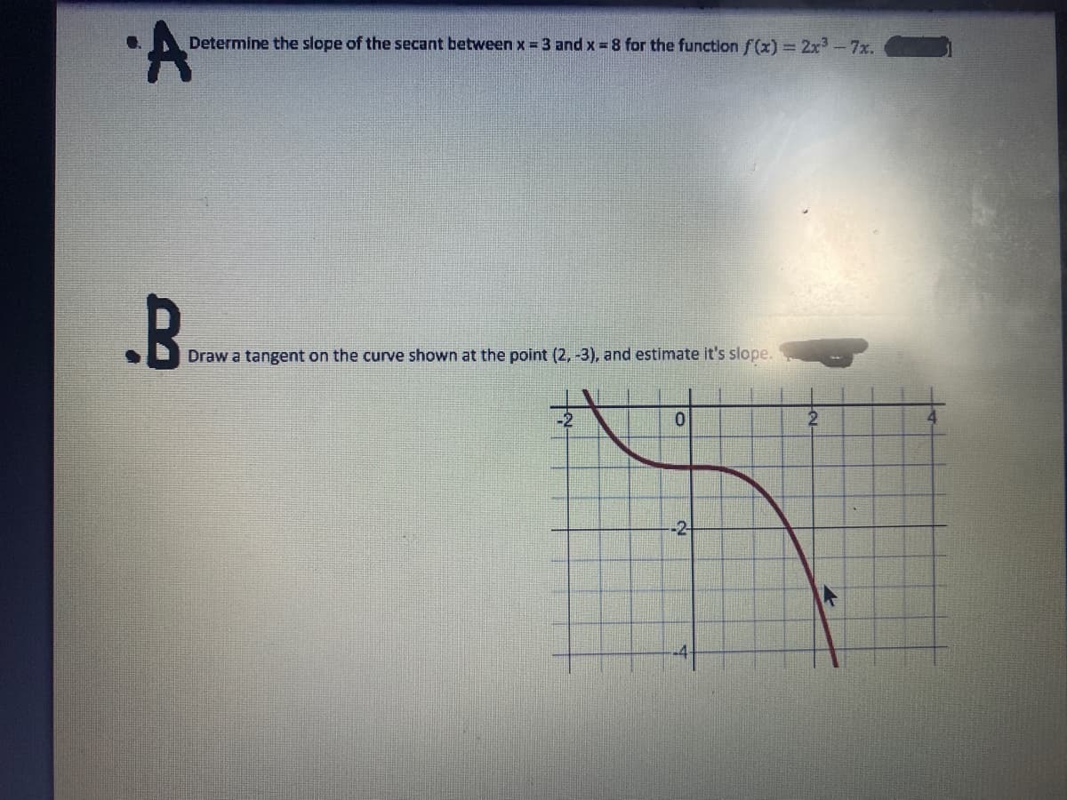 Determine the slope of the secant between x = 3 and x =8 for the function f(x) = 2x-7x.
.B
Draw a tangent on the curve shown at the point (2, -3), and estimate it's slope.
-2
