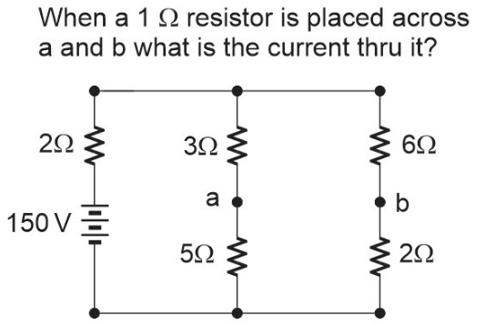 When a 1 2 resistor is placed across
a and b what is the current thru it?
a
b
150 V =
5Ω
