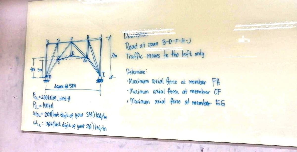 Description
Road at span B-D-F-H-J
I'm Traffic moves to the left only.
Determine:
MANI
વાઆડકી ગા
POL-200kN@ Joint H
P₁ = 150KN
WOL= 201(last digit of your SN) kN/m
W₁ = 36+ (last digit of your SN) kN/m
4m 3m
•Maximum axial force at member FH
• Maximum axial force at member CF
Maximum axial force at member EG
6