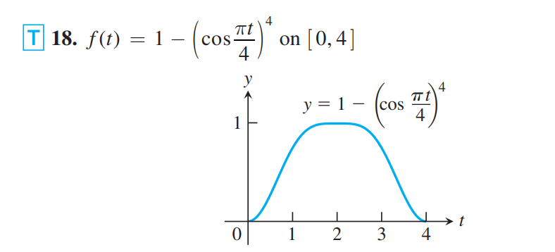 4
|T| 18. f(t) = 1 · - (cos II) on [0,4]
πt
–
4
1
0
y
1
y = 1 - (cos
COS
12
2
πt
4
3 4
4
t