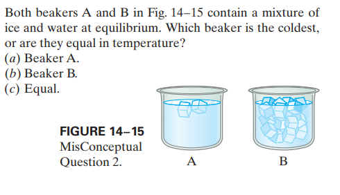 Both beakers A and B in Fig. 14–15 contain a mixture of
ice and water at equilibrium. Which beaker is the coldest,
or are they equal in temperature?
(а) Вeaker A.
(b) Beaker B.
(c) Equal.
FIGURE 14–15
MisConceptual
Question 2.
A
B
