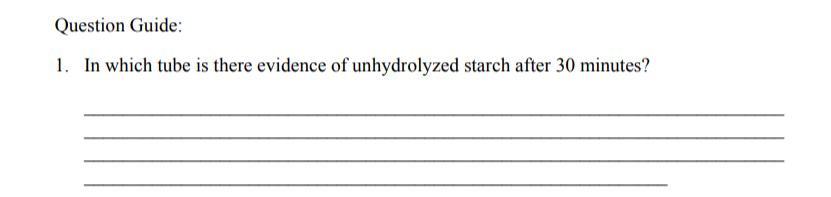 Question Guide:
1. In which tube is there evidence of unhydrolyzed starch after 30 minutes?
