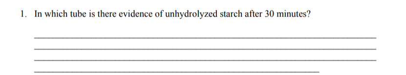 1. In which tube is there evidence of unhydrolyzed starch after 30 minutes?
