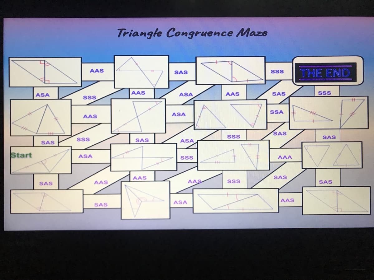 Triangle Congruence Maze
THE END
AAS
SAS
SSS
ASA
AAS
ASA
AAS
SAS
SsS
sss
SSA
ASA
AAS
SAS
Sss
SAS
SS
SAS
ASA
SAS
Start
ASA
AAA
sss
AAS
SAS
SAS
AAS
AAS
SS
SAS
ASA
AAS
SAS
