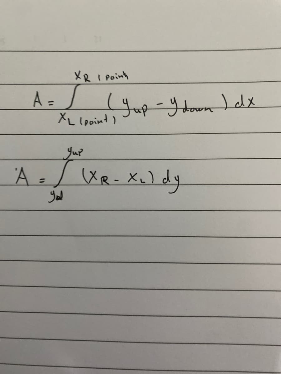 A =
A =
XR 1 Point
goud
XL (point)
(Yup -y down ) dx
yup
(XR- Xu) dy