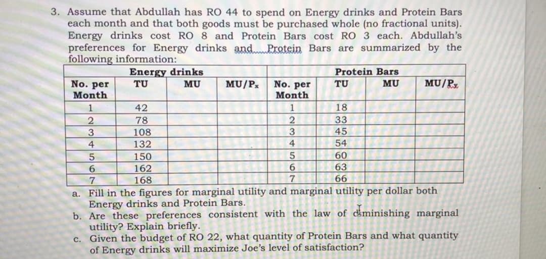 Assume that Abdullah has RO 44 to spend on Energy drinks and Protein Bars
each month and that both goods must be purchased whole (no fractional units).
Energy drinks cost RO 8 and Protein Bars cost RO 3 each. Abdullah's
preferences for Energy drinks andProtein Bars are summarized by the
following information:
Energy drinks
Protein Bars
No. per
Month
MU/P No. per
MU/Py
TU
MU
TU
MU
Month
1
42
1
18
78
33
3.
108
3
45
4
132
4
54
60
150
162
63
168
66
a. Fill in the figures for marginal utility and marginal utility per dollar both
Energy drinks and Protein Bars.
b. Are these preferences consistent with the law of ckminishing marginal
utility? Explain briefly.
c. Given the budget of RO 22, what quantity of Protein Bars and what quantity
of Energy drinks will maximize Joe's level of satisfaction?
56
