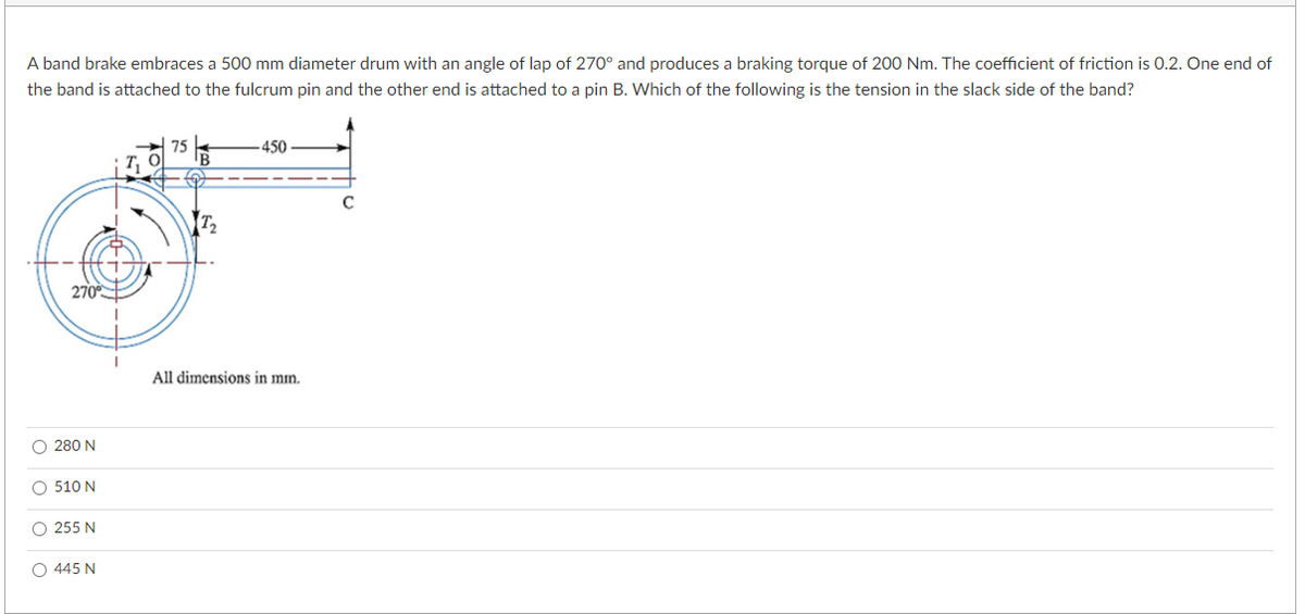 A band brake embraces a 500 mm diameter drum with an angle of lap of 270° and produces a braking torque of 200 Nm. The coefficient of friction is 0.2. One end of
the band is attached to the fulcrum pin and the other end is attached to a pin B. Which of the following is the tension in the slack side of the band?
75
-450
C
270°
O 280 N
O 510N
O 255 N
0 445 N
All dimensions in mm.