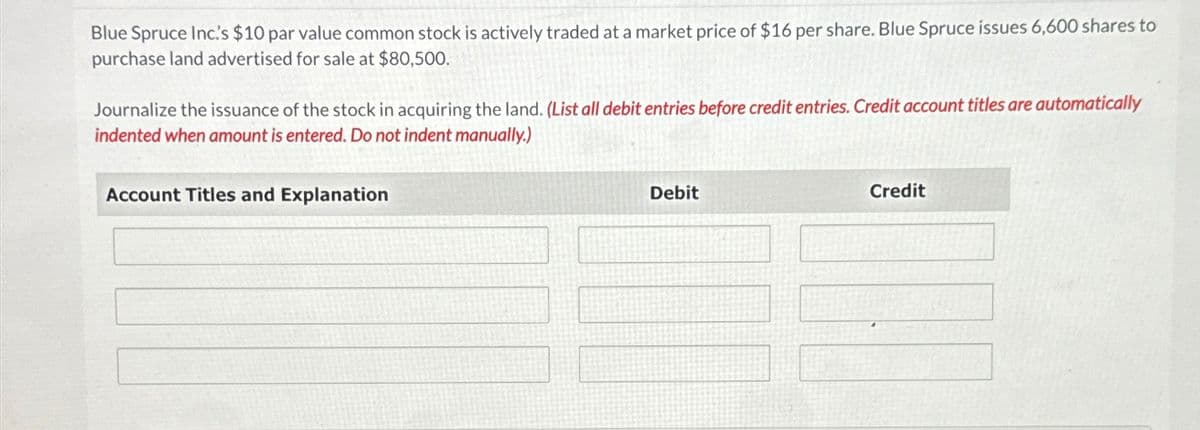 Blue Spruce Inc's $10 par value common stock is actively traded at a market price of $16 per share. Blue Spruce issues 6,600 shares to
purchase land advertised for sale at $80,500.
Journalize the issuance of the stock in acquiring the land. (List all debit entries before credit entries. Credit account titles are automatically
indented when amount is entered. Do not indent manually.)
Account Titles and Explanation
Debit
Credit