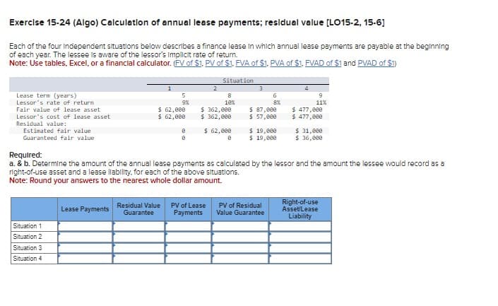 Exercise 15-24 (Algo) Calculation of annual lease payments; residual value [LO15-2, 15-6]
Each of the four Independent situations below describes a finance lease in which annual lease payments are payable at the beginning
of each year. The lessee is aware of the lessor's implicit rate of return.
Note: Use tables, Excel, or a financial calculator. (FV of $1, PV of $1. FVA of $1. PVA of $1, FVAD of $1 and PVAD of $1)
Lease term (years)
Lessor's rate of return
Fair value of lease asset
Lessor's cost of lease asset
Residual value:
Estimated fair value
Guaranteed fair value
Situation 1
Situation 2
Situation 3
Situation 4
5
9%
Lease Payments
$ 62,000
$ 62,000
0
0
2
Situation
8
18%
$362,000
$ 362,000
Residual Value PV of Lease
Guarantee Payments
$ 62,000
0
6
8%
$ 87,000
$ 57,000
$ 19,000
$ 19,000
Required:
a. & b. Determine the amount of the annual lease payments as calculated by the lessor and the amount the lessee would record as a
right-of-use asset and a lease liability, for each of the above situations.
Note: Round your answers to the nearest whole dollar amount.
PV of Residual
Value Guarantee
9
11%
$ 477,000
$ 477,000
$ 31,000
$ 36,000
Right-of-use
Asset/Lease
Liability