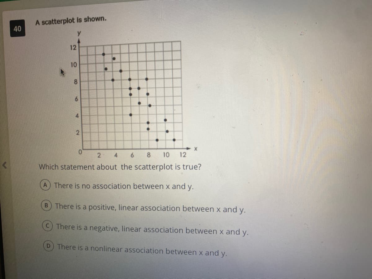 A scatterplot is shown.
40
y
12
10
8.
4.
2.
0.
4
8
10
12
Which statement about the scatterplot is true?
A There is no association between x and y.
B There is a positive, linear association between x and y.
C There is a negative, linear association between x and y.
There is a nonlinear association between x and y.
