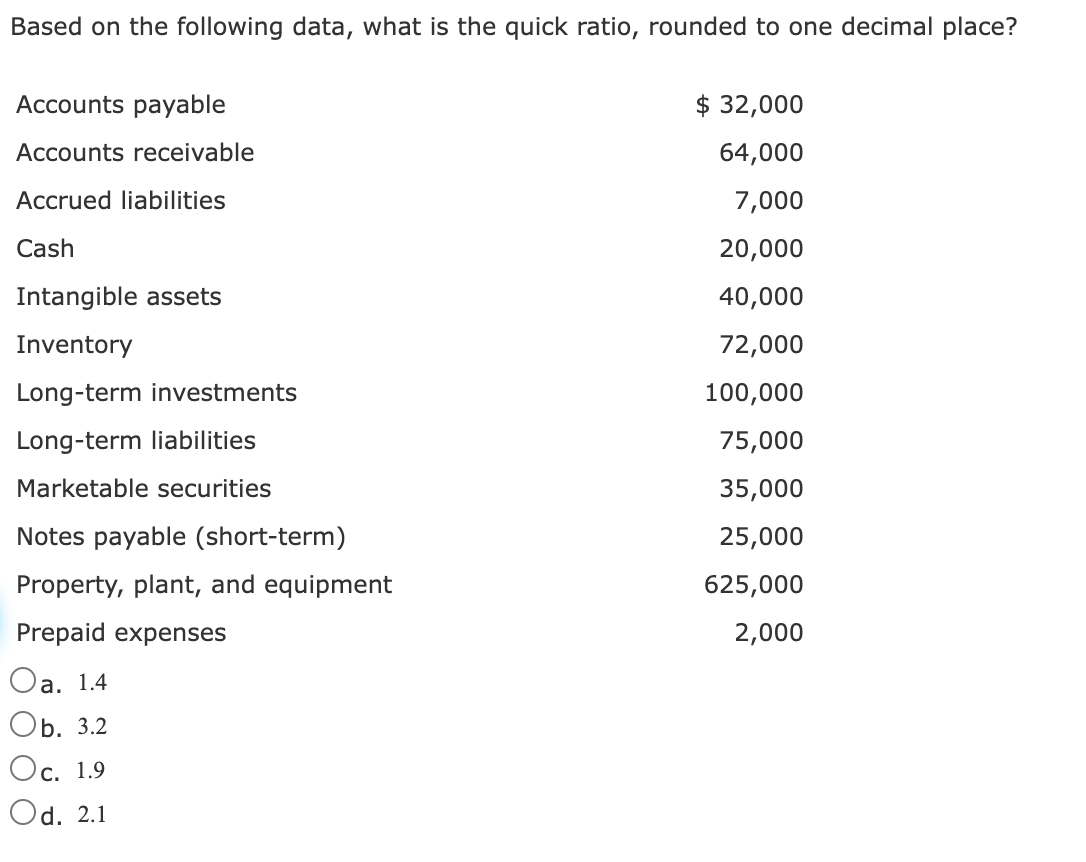 Based on the following data, what is the quick ratio, rounded to one decimal place?
Accounts payable
$ 32,000
Accounts receivable
64,000
Accrued liabilities
7,000
Cash
20,000
Intangible assets
40,000
Inventory
72,000
Long-term investments
100,000
Long-term liabilities
75,000
Marketable securities
35,000
Notes payable (short-term)
25,000
Property, plant, and equipment
625,000
Prepaid expenses
2,000
Oa. 1.4
Оb. 3.2
Ос. 1.9
Od. 2.1
