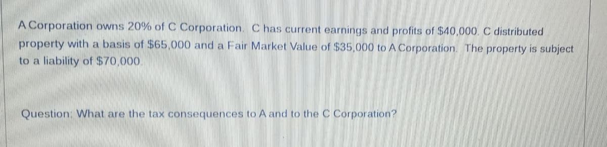 A Corporation owns 20% of C Corporation. C has current earnings and profits of $40,000. C distributed
property with a basis of $65,000 and a Fair Market Value of $35,000 to A Corporation. The property is subject
to a liability of $70,000.
Question What are the tax consequences to A and to the C Corporation?
