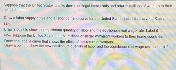 Suppose that the United States cracks down on illegal immigrants and returns millions of workers to their
home countries.
Draw a labor supply curve and a labor demand curve for the United States. Label the curves LS, and
LDO
Draw a point to show the equilibrium quantity of labor and the equilibrium real wage rate. Label it 1.
Now suppose the United States returns millions of illegal immigrant workers to their home countries.
Draw and label a curve that shows the effect of this return of workers.
Draw a point to show the new equilibrium quantity of labor and the equilibrium real wage rate. Label it 2.