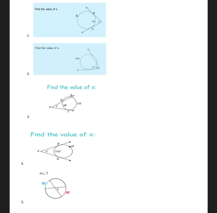 Find the value of x.
1.
Find the value of x.
200
2.
Find the value of x:
174
Find the value of x:
(132
55
5.
