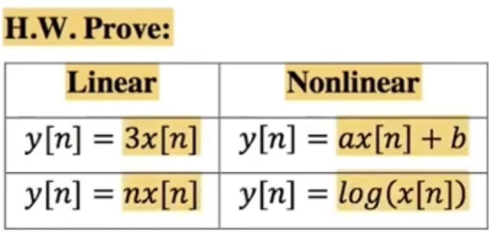 H.W. Prove:
Linear
Nonlinear
y[n] = 3x[n]
y[n] = ax[n] + b
%3D
y[n] = nx[n]
y[n] = log(x[n])
%3D
