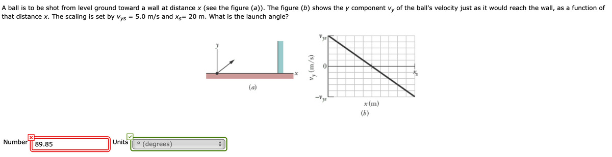 A ball is to be shot from level ground toward a wall at distance x (see the figure (a)). The figure (b) shows the y component vy of the ball's velocity just as it would reach the wallI, as a function of
that distance x. The scaling is set by Vys
5.0 m/s and Xg= 20 m. What is the launch angle?
(a)
x (m)
(b)
Number
Units
° (degrees)
89.85
(s/u) A
