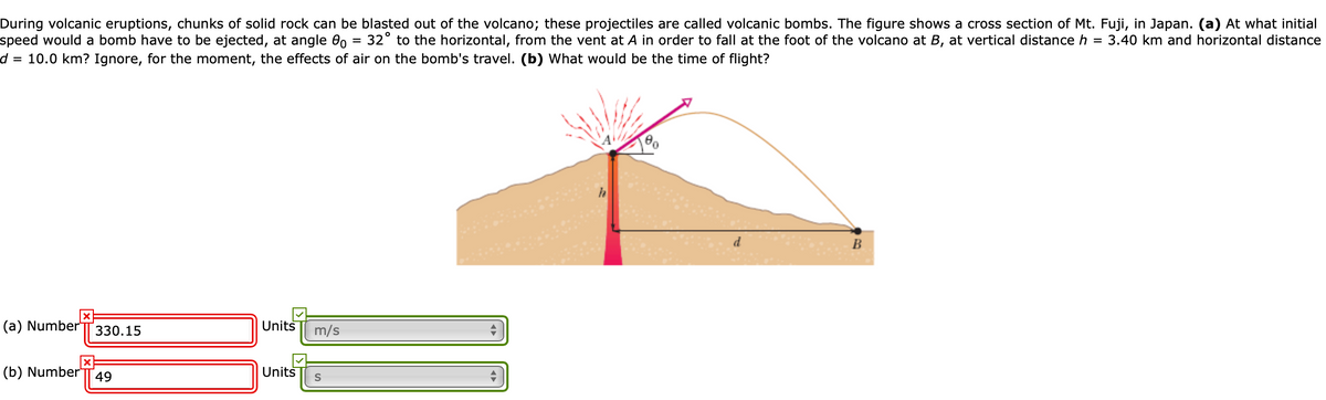 During volcanic eruptions, chunks of solid rock can be blasted out of the volcano; these projectiles are called volcanic bombs. The figure shows a cross section of Mt. Fuji, in Japan. (a) At what initial
speed would a bomb have to be ejected, at angle , = 32° to the horizontal, from the vent at A in order to fall at the foot of the volcano at B, at vertical distance h = 3.40 km and horizontal distance
d = 10.0 km? Ignore, for the moment, the effects of air on the bomb's travel. (b) What would be the time of flight?
%3D
(a) Number
330.15
Units
m/s
(b) Number'
49
Units
