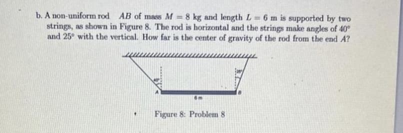 b. A non-uniform rod AB of mass M = 8 kg and length L = 6 m is supported by two
strings, as shown in Figure 8. The rod is horizontal and the strings make angles of 40°
and 25° with the vertical. How far is the center of gravity of the rod from the end A?
Figure 8: Problem 8