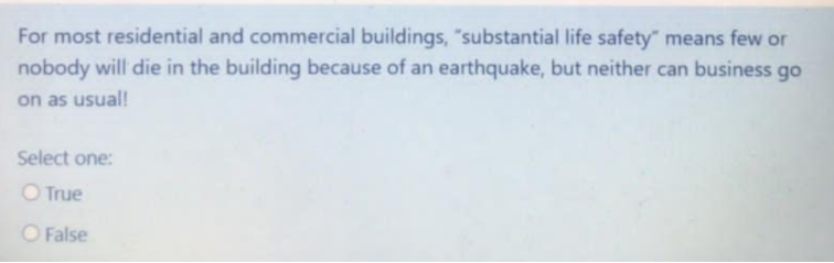 For most residential and commercial buildings, "substantial life safety" means few or
nobody will die in the building because of an earthquake, but neither can business go
on as usual!
Select one:
O True
False
