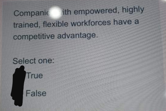 Companie
ith empowered, highly
trained, flexible workforces have a
competitive advantage.
Select one:
True
False
