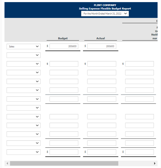 FLINT COMPANY
Selling Expense Flexible Budget Report
For the Month Ended March 31, 2022
Ui
Neitl
Budget
Actual
nor
Sales
200600
200600
24
24
>
>
>
>
>
>
