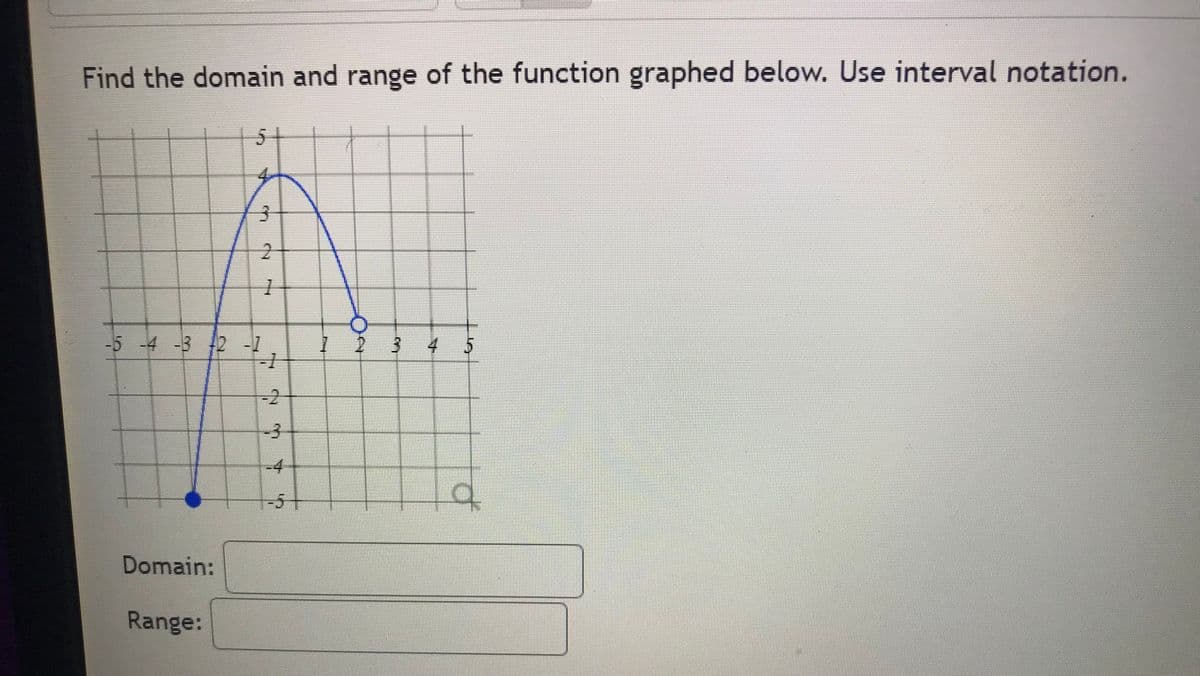 Find the domain and range of the function graphed below. Use interval notation.
5
"'?
Domain:
Range:
3
2
-
1
1
T!!!
1 2
q