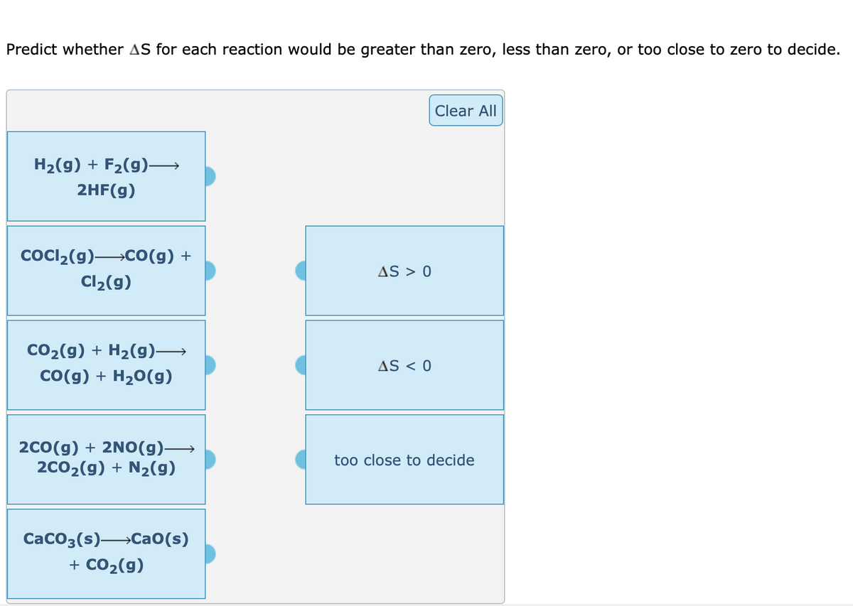 Predict whether AS for each reaction would be greater than zero, less than zero, or too close to zero to decide.
Clear All
H2(g) + F2(g)→
2HF(g)
COCI2(g)CO(g) +
AS > 0
Cl2(g)
Co2(g) + H2(g)→
AS < 0
CO(g) + H20(g)
2C0(g) + 2NOo(g)–
2c02(g) + N2(g)
too close to decide
CaCO3(s)→CaO(s)
+ CO2(g)
