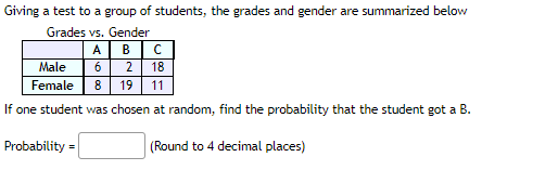 **Probability of a Student Getting a B**

In a study conducted where a test was administered to a group of students, the distribution of grades relative to gender is summarized in the table below:

|        | A | B  | C  |
|--------|---|----|----|
| Male   | 6 | 2  | 18 |
| Female | 8 | 19 | 11 |

*Table 1: Distribution of Grades vs. Gender*

**Problem:**
If one student was chosen at random, determine the probability that the student received a grade of B.

**Solution:**

1. **Calculate the Total Number of Students:**

   Total Students = (Males with A + Males with B + Males with C) + (Females with A + Females with B + Females with C)
   \[
   \text{Total Students} = (6 + 2 + 18) + (8 + 19 + 11) = 44
   \]

2. **Calculate the Total Number of Students Who Got a B:**

   Total Students with B = Males with B + Females with B
   \[
   \text{Total Students with B} = 2 + 19 = 21
   \]

3. **Calculate the Probability:**

   \[
   \text{Probability} = \frac{\text{Total Students with B}}{\text{Total Students}} = \frac{21}{44}
   \]

4. **Round the Probability to 4 Decimal Places:**

   \[
   \text{Probability} = 0.4773
   \]

Therefore, the probability that a randomly chosen student got a B is **0.4773**.