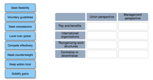 Seek flexibility
Management
perspective
Voluntary guidelines
Union perspective
Seek concessions
Pay and benefits
International
Local over global
organizations
Reorganizing work
structures
Compete effectively
Centralize or
decentralize
Need counterweight
Keep action local
Solidify gains
