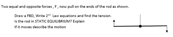 Two equal and opposite forces , F, now pull on the ends of the rod as shown.
Draw a FBD, Write 2"d Law equations and find the tension.
Is the rod in STATIC EQUILIBRIUM? Explain
If it moves describe the motion
