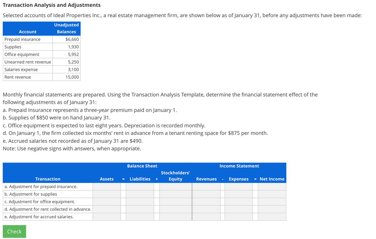 Transaction Analysis and Adjustments
Selected accounts of Ideal Properties Inc., a real estate management firm, are shown below as of January 31, before any adjustments have been made:
Unadjusted
Асcount
Balances
Prepaid insurance
$6,660
Supplies
1,930
Office equipment
5,952
Unearned rent revenue
5,250
Salaries expense
3,100
Rent revenue
15,000
Monthly financial statements are prepared. Using the Transaction Analysis Template, determine the financial statement effect of the
following adjustments as of January 31:
a. Prepaid Insurance represents a three-year premium paid on January 1.
b. Supplies of $850 were on hand January 31.
c. Office equipment is expected to last eight years. Depreciation is recorded monthly.
d. On January 1, the firm collected six months' rent in advance from a tenant renting space for $875 per month.
e. Accrued salaries not recorded as of January 31 are $490.
Note: Use negative signs with answers, when appropriate.
Balance Sheet
Income Statement
Stockholders'
Transaction
Assets
Liabilities
Equity
Revenues
Expenses
= Net Income
+
a. Adjustment for prepaid insurance.
b. Adjustment for supplies
c. Adjustment for office equipment.
d. Adjustment for rent collected in advance.
e. Adjustment for accrued salaries.
Check
