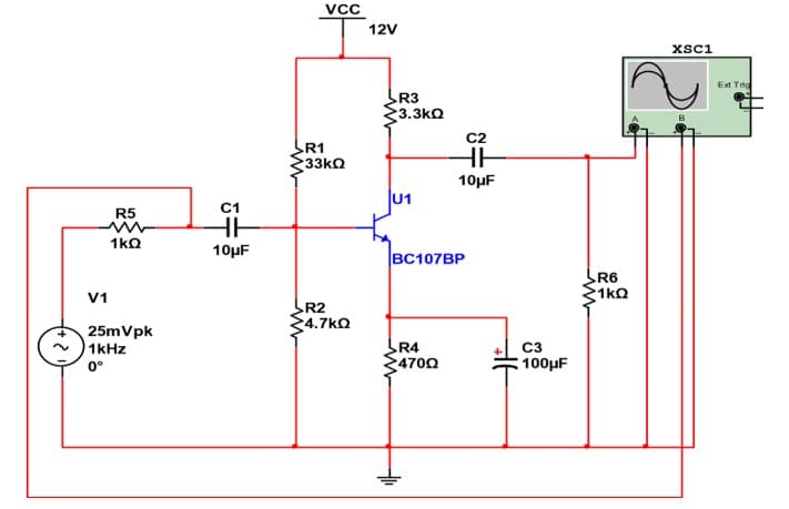 vcc
12V
XSci
Ext Trig
R3
3.3kQ
R1
HE
33kn
10µF
C1
U1
R5
1kQ
10μF
BC107BP
R6
V1
1kQ
R2
4.7kO
25mVpk
1kHz
R4
C3
0°
4700
:100μF
