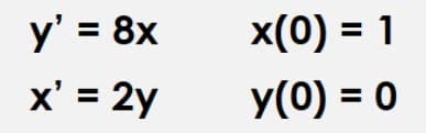 y' = 8x
x(0) = 1
%3D
x' = 2y
y(0) = 0
