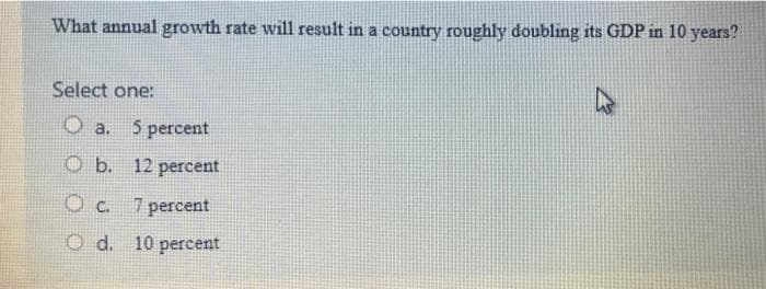 What annual growth rate will result in a country roughly doubling its GDP in 10 years?
Select one:
O a. 5 percent
Ob. 12 percent
Oc 7 percent
Od. 10 percent
