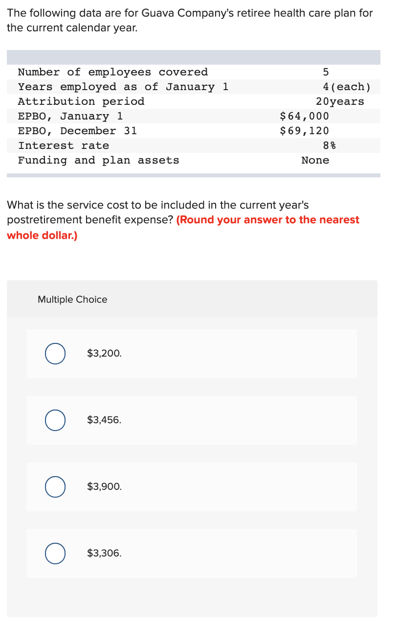 The following data are for Guava Company's retiree health care plan for
the current calendar year.
Number of employees covered
Years employed as of January 1
Attribution period
EPBO, January 1
EPBO, December 31
Interest rate
Funding and plan assets
Multiple Choice
O
O
What is the service cost to be included in the current year's
postretirement benefit expense? (Round your answer to the nearest
whole dollar.)
$3,200.
$3,456.
$3,900.
5
4 (each)
20years
$3,306.
$ 64,000
$69,120
8%
None