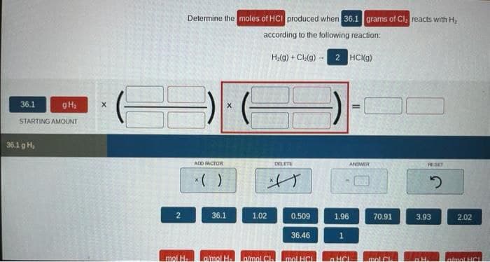 36.1
gH₂
STARTING AMOUNT
36.1 g H,
X
2
Determine the moles of HCI produced when 36.1 grams of Cl, reacts with H₂
according to the following reaction:
2 HCl(g)
mol H₂
ADD FACTOR
X
36.1
1.02
H₂(g) + Cl; (g)
DELETE
0.509
36.46
a/mol H₂ a/mol Cl mol HCL
ANDWER
1.96
1
HCL
70.91
mol. Cl
FISKT
H
2
3.93
2.02
almol HCL