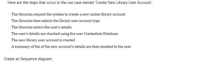 Here are the steps that occur in the use case named 'Create New Library User Account'.
The librarian request the system to create a new online library account
The librarian then selects the library user account type
The librarian enters the user's details
The user's details are checked using the user Credentials Database
The new library user account is created
A summary of the of the new account's details are then emailed to the user
Create an Sequence diagram.
