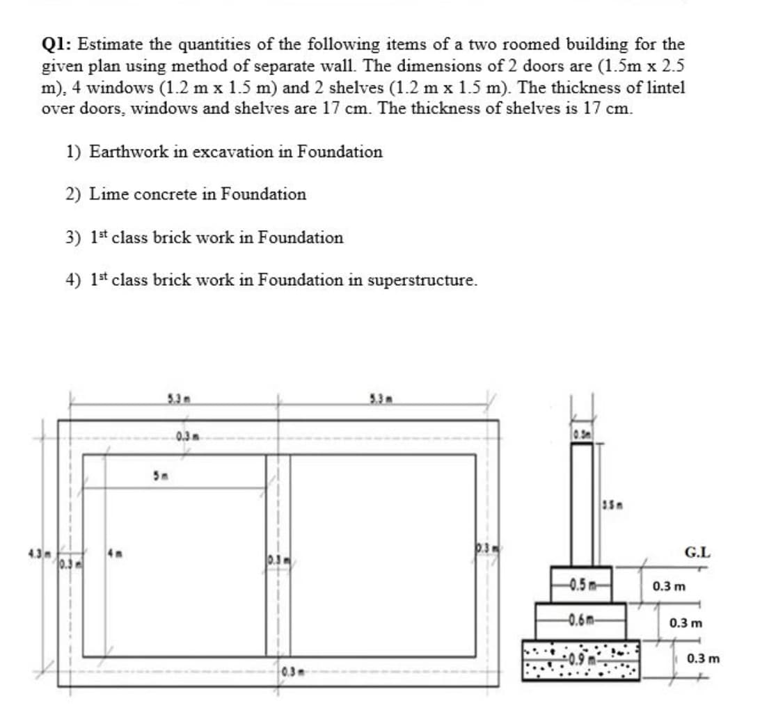 Q1: Estimate the quantities of the following items of a two roomed building for the
given plan using method of separate wall. The dimensions of 2 doors are (1.5m x 2.5
m), 4 windows (1.2 m x 1.5 m) and 2 shelves (1.2 m x 1.5 m). The thickness of lintel
over doors, windows and shelves are 17 cm. The thickness of shelves is 17 cm.
1) Earthwork in excavation in Foundation
2) Lime concrete in Foundation
3) 1st class brick work in Foundation
4) 1st class brick work in Foundation in superstructure.
5.3 m
5.3 m
13
ţ
5m
0.3m
0.3m
-0.5m
-0.6m-
3.5m
G.L
0.3 m
0.3 m
0.3 m