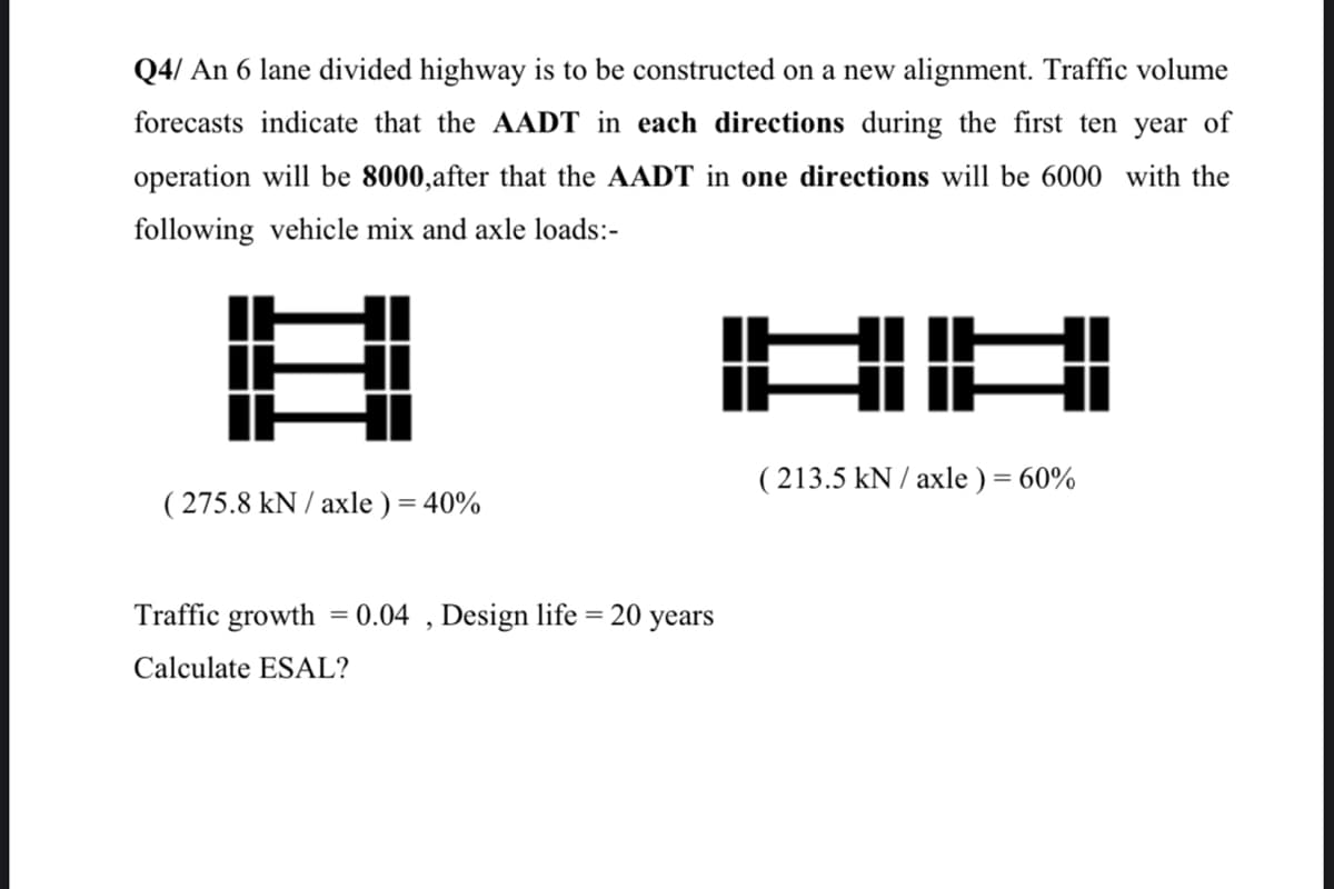 Q4/ An 6 lane divided highway is to be constructed on a new alignment. Traffic volume
forecasts indicate that the AADT in each directions during the first ten year of
operation will be 8000,after that the AADT in one directions will be 6000 with the
following vehicle mix and axle loads:-
牛
(213.5 kN / axle)=60%
(275.8 kN / axle)=40%
Traffic growth =0.04,Design life = 20 years
Calculate ESAL?