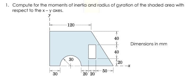 1. Compute for the moments of inertia and radius of gyration of the shaded area with
respect to the x - y axes.
y
120
40
Dimensions in mm
40
30
20
50
30
20' 20
