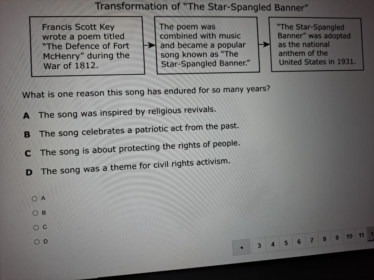 Transformation of "The Star-Spangled Banner"
Francis Scott Key
wrote a poem titled
"The Defence of Fort
The poem was
combined with music
and became a popular
song known as "The
Star-Spangled Banner."
"The Star-Spangled
Banner" was adopted
McHenry" during the
War of 1812.
as the national
anthem of the
United States in 1931.
What is one reason this song has endured for so many years?
A The song was inspired by religious revivals.
B
The song celebrates a patriotic act from the past.
C
The song is about protecting the rights of people.
The song was a theme for civil rights activism.
10 11 1
4.
6.
O O O O
