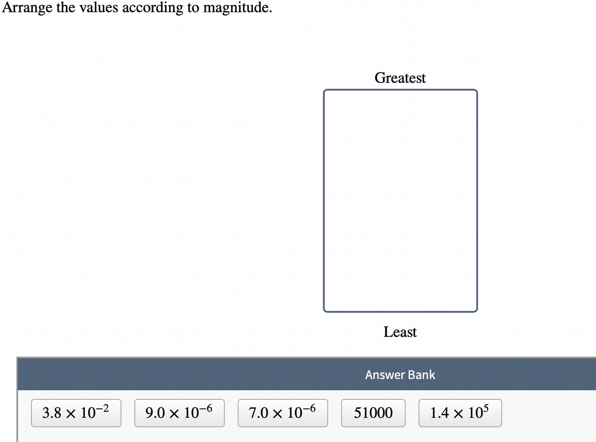 Arrange the values according to magnitude.
3.8 x 10-²
9.0 × 10-6
7.0 × 10-6
Greatest
Least
Answer Bank
51000
1.4 × 105