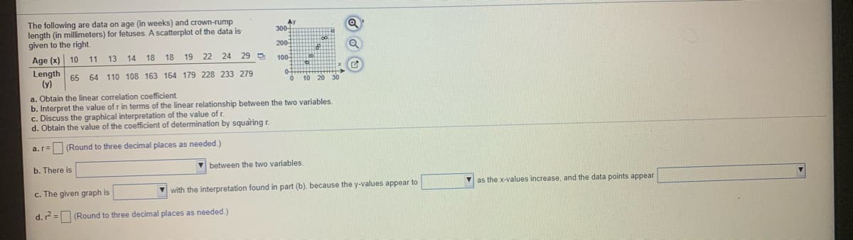 The following are data on age (in weeks) and crown-rump
length (in millimeters) for fetuses. A scatterplot of the data is
given to the right.
200
Age (x) 10 11
Length 66 64. 110 108 163 164 179 228 233 279
(y)
13
14
18
18
19
22
24 29 D
a. Obtain the linear correlation coefficient.
b. Interpret the value of r in terms of the linear relationship between the two variables
c. Discuss the graphical interpretation of the value of r.
d. Obtain the value of the coefficient of determination by squaring r.
(Round to three decimal places as needed.)
b. There is
V between the two variables.
c. The given graph is
V with the interpretation found in part (b), because the y-values appear to
as the x-values increase, and the data points appear
d.= (Round to three decimal places as needed.)
