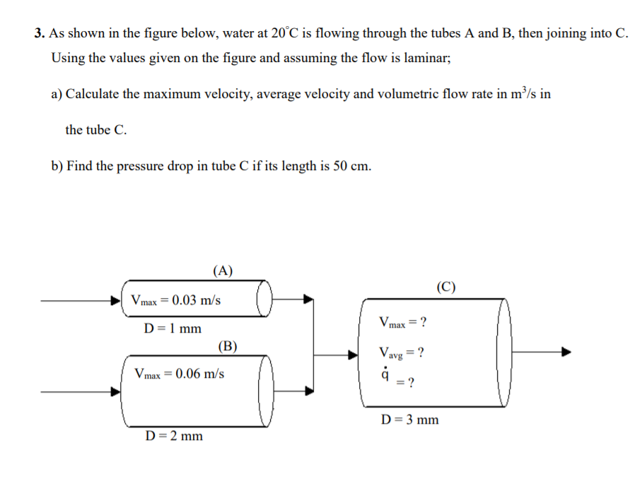 3. As shown in the figure below, water at 20°C is flowing through the tubes A and B, then joining into C.
Using the values given on the figure and assuming the flow is laminar;
a) Calculate the maximum velocity, average velocity and volumetric flow rate in m³/s in
the tube C.
b) Find the pressure drop in tube C if its length is 50 cm.
(A)
(C)
Vmax = 0.03 m/s
Vmax = ?
D= 1 mm
(В)
Vavg = ?
å =?
Vmax = 0.06 m/s
D= 3 mm
D=2 mm
