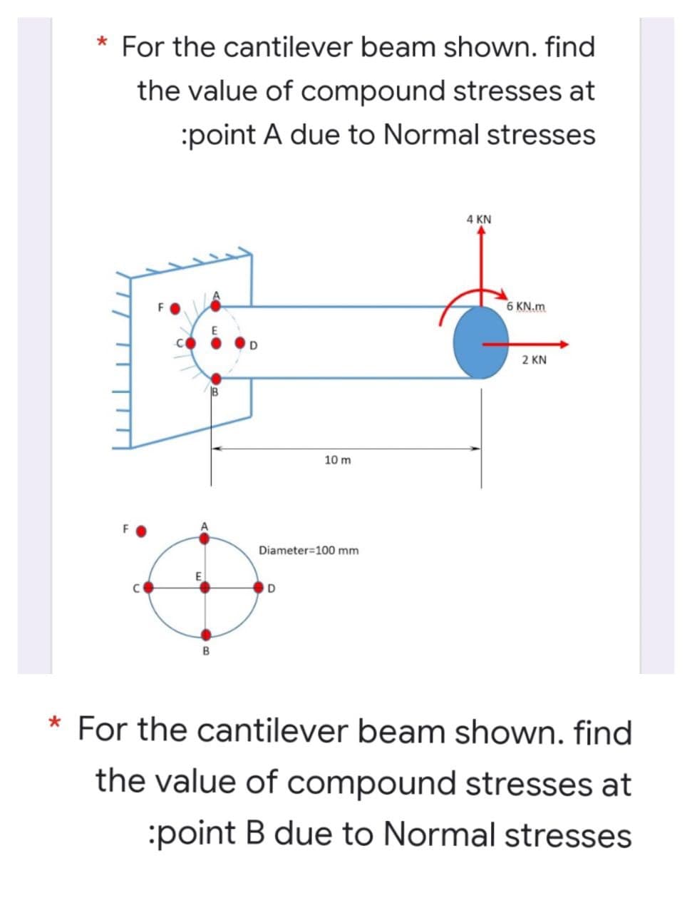 * For the cantilever beam shown. find
the value of compound stresses at
:point A due to Normal stresses
4 KN
6 KN.m
2 KN
10 m
Diameter=100 mm
E
* For the cantilever beam shown. find
the value of compound stresses at
:point B due to Normal stresses
